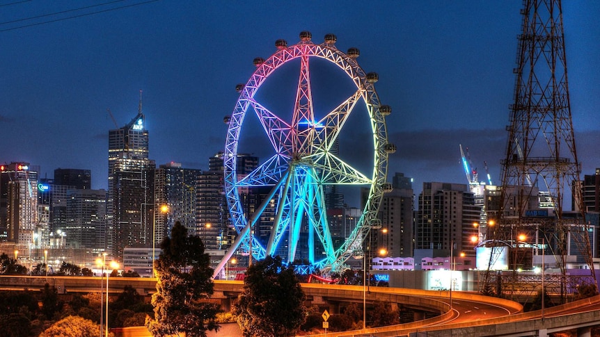 Colourful lights illuminate the Melbourne Star Observation Wheel.