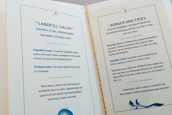 A menu for a United Nations lunch lists items made from 'trash'