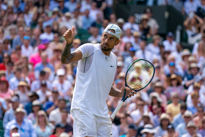 Nick Kyrgios gives the thumbs up during the Wimbledon men's singles final.
