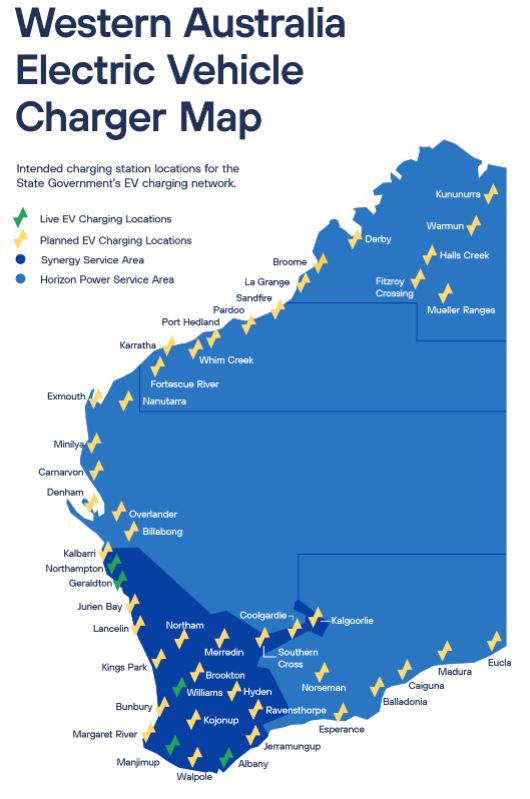 A map of Western Australia with electric vehicle charger locations. 