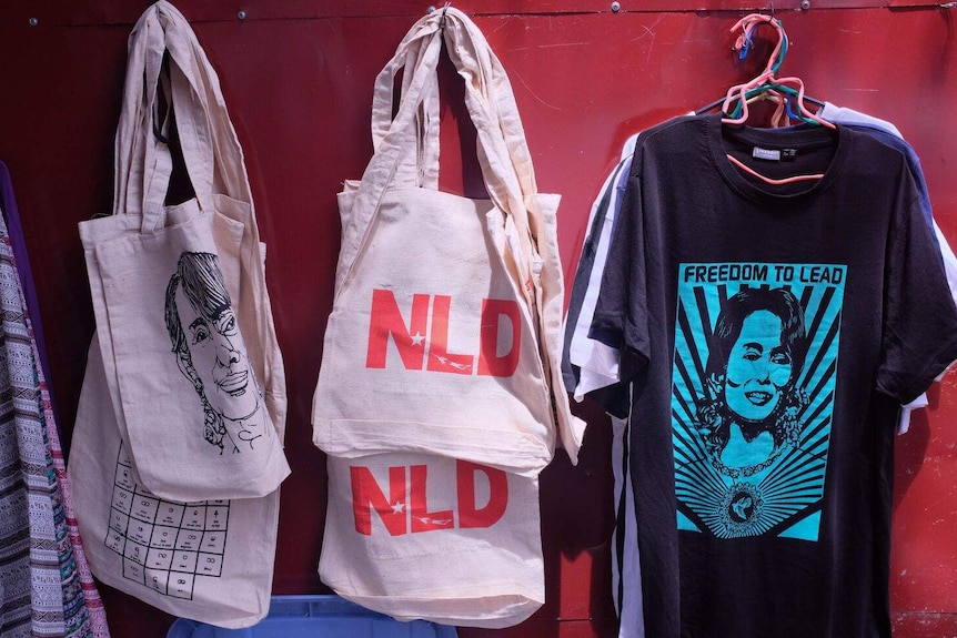NLD and Aung San Suu Kyi merchandise for sale outside market