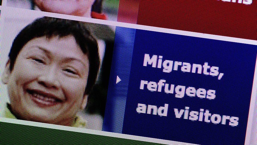 Computer screen image of government website shows section for "Migrants, refugees and visitors".