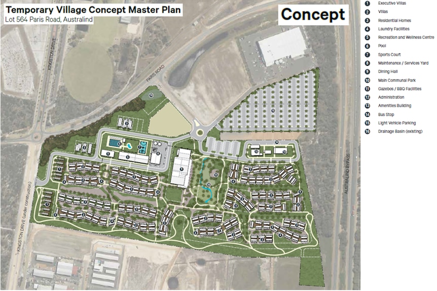 Aerial view of a concept master plan for a worker's accommodation village in Australind.