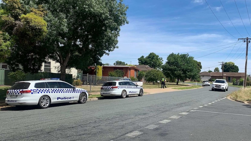 two police cars parked on street with detectives standing on street talking