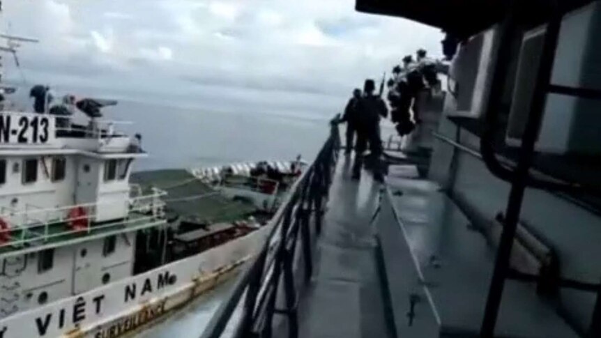 A Vietnam coast guard collides with an Indonesian navy vessel.