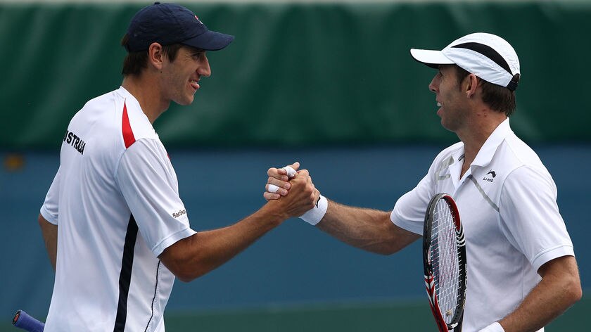 Cleaning up...Carsten Ball and Peter Hanley celebrate their win.