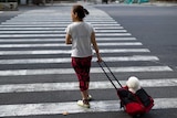 A woman walks her pet dog on a Chinese street using a luggage case.