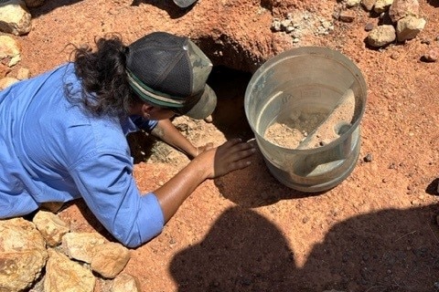 A person in a cap and work shirt uses her hand to dig into a hole in some rocky soil.