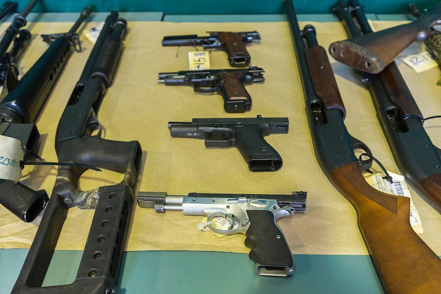 Handguns and rifles laid out on a table with tags attached