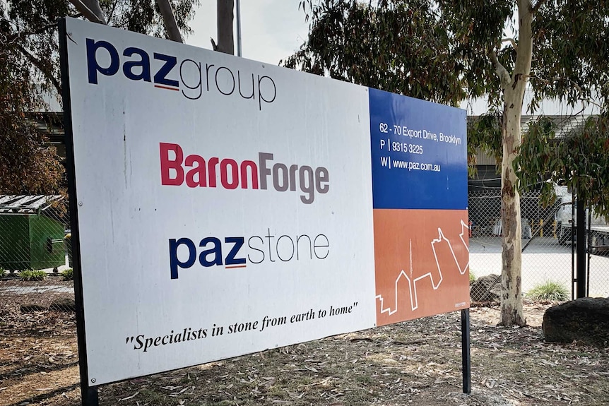 A sign at SWC Management group for Pazgroup, Pazstone and Baron Forge.