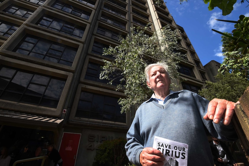 Jack Mundey stands in front of the Sirius building