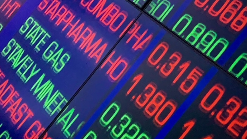A blue screen with green and red stocks at the Australian Securities Exchange 29.8.21