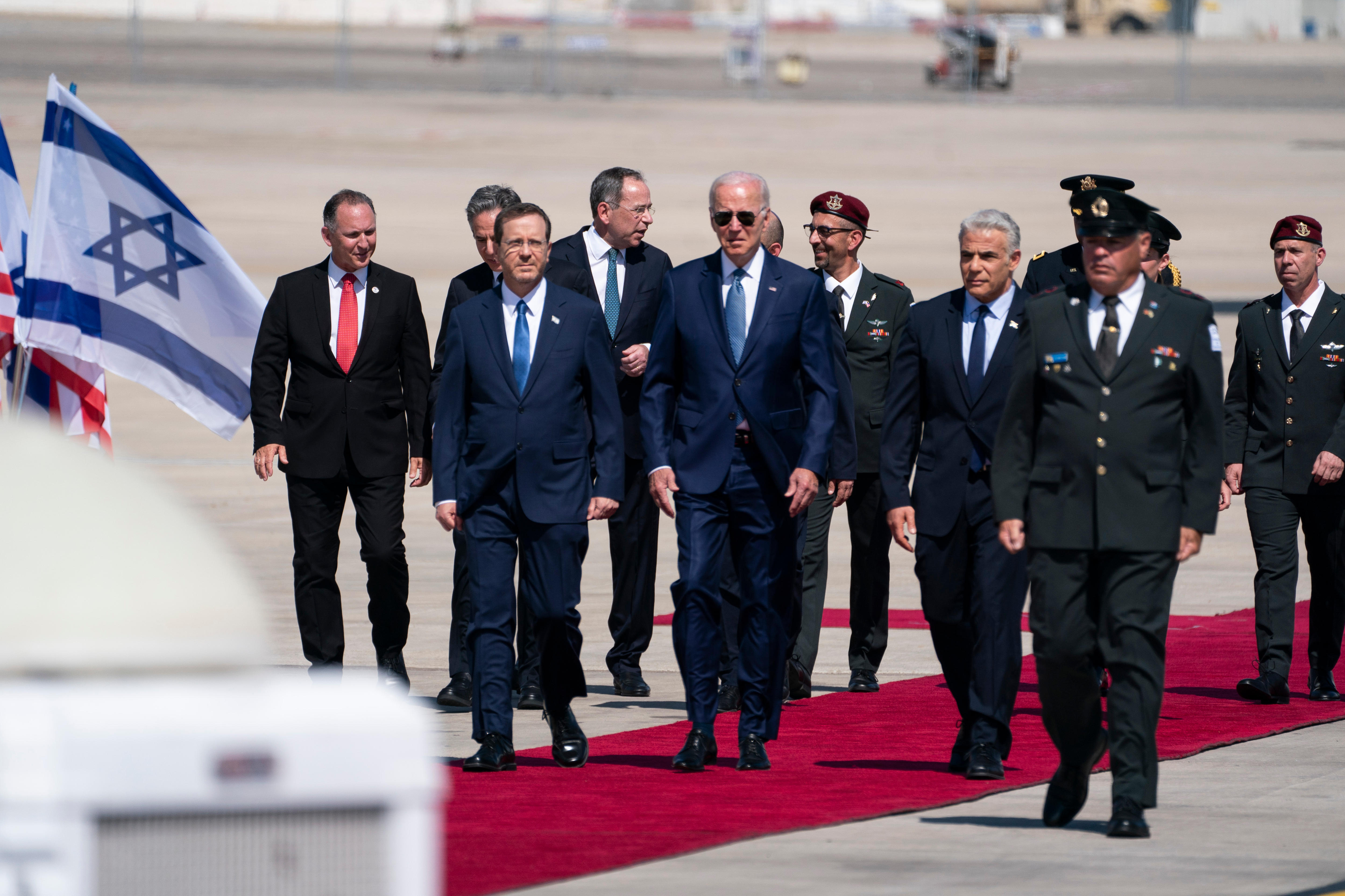 President Joe Biden participates in an arrival ceremony at Ben Gurion Airport.