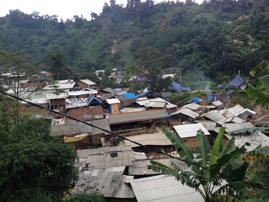 An illegal mine and processing sheds in the middle of the jungle in West Java.