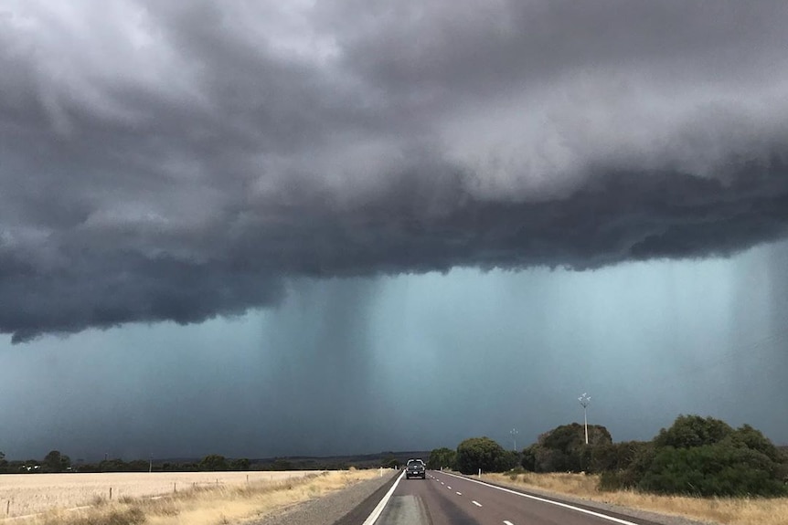 Storm clouds over Port Lincoln amid heavy rain.