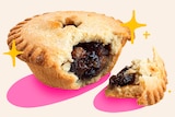 A fruit mince pie on a coloured background, with pink circles underneath and yellow stars above. 