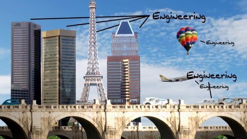 City landscape of tall buildings, Eiffel Tower, bridge, text on screen reads 'engineering' points to buildings, bridge