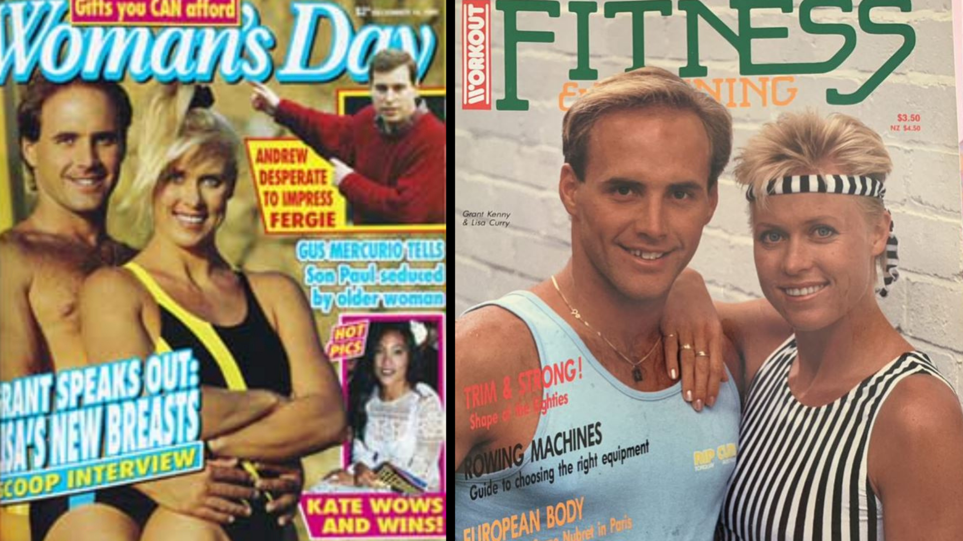 A composite of two magazine covers from the 1980s featuring Lisa Curry and Grant Kenny