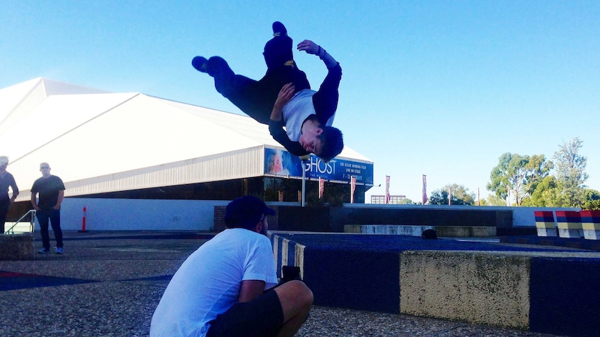 Parkour is performed in the Festival Plaza