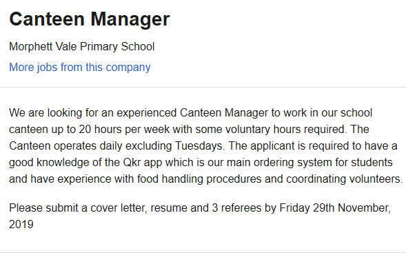 An online job advertisement for a canteen manager