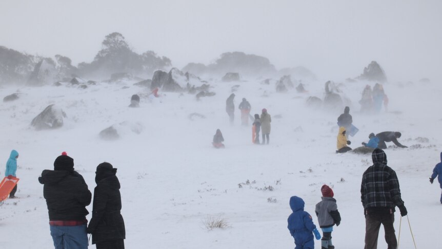 Snowy hazy day with people dressed in snow gear dragging toboggans.