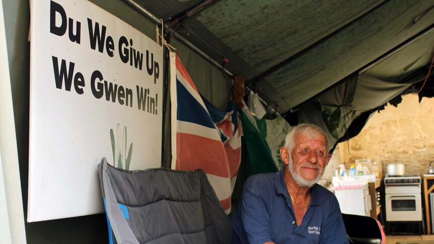 Norfolk Islander Duncan Sanderson pictured inside his tent embassy.