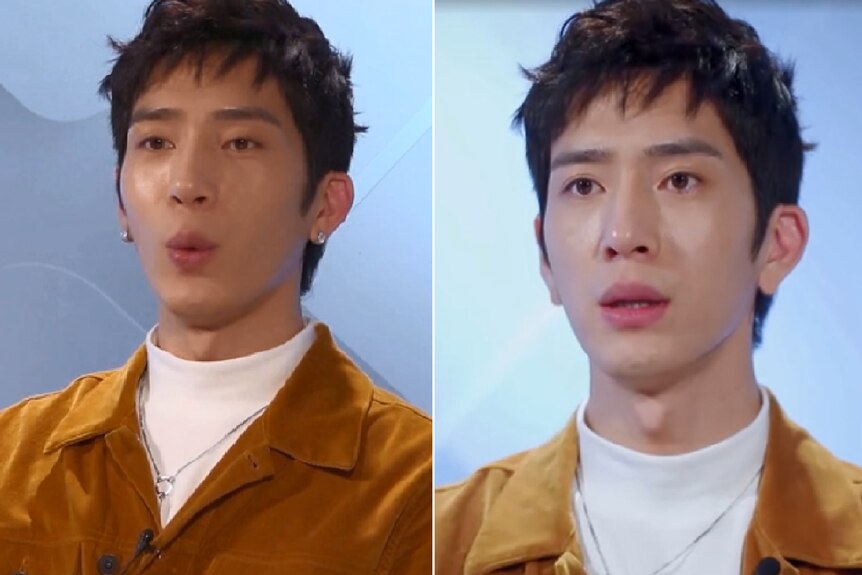 Two images comparing Chinese actor Boran Jing's earrings in different episodes of a reality show.