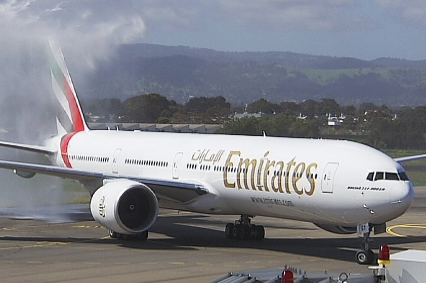 An Emirates B777 arrives in Adelaide
