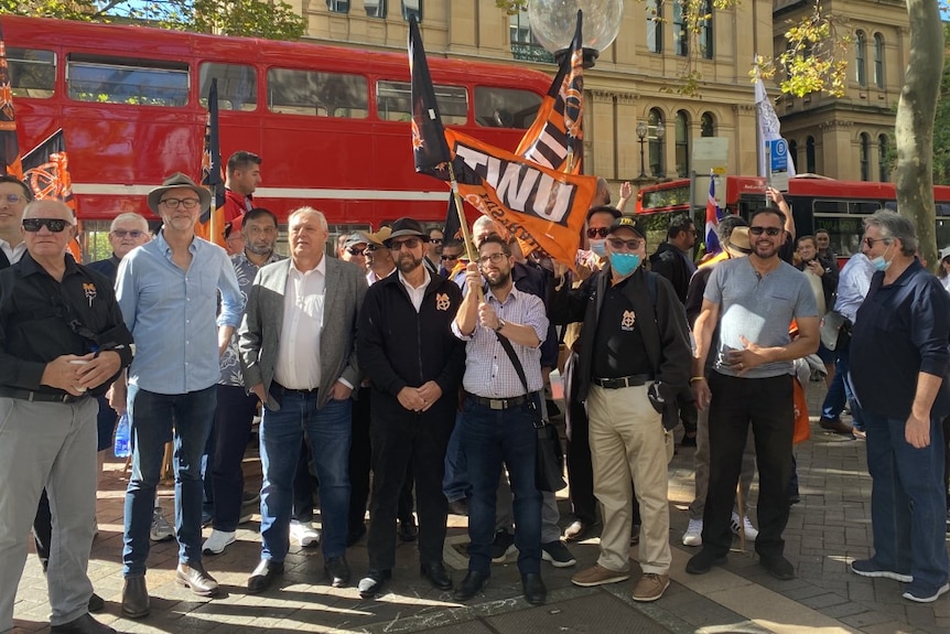 Men stand in a group waving flags 