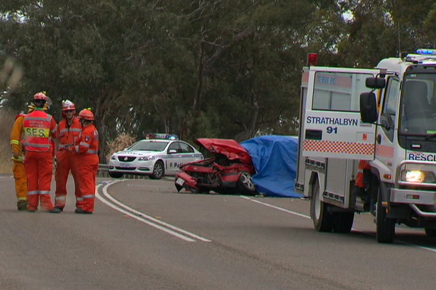 SES members stand together on the road in front of a crumpled red car.