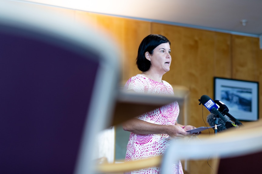 A woman with black hair stands at a press conference with microphones in a board room