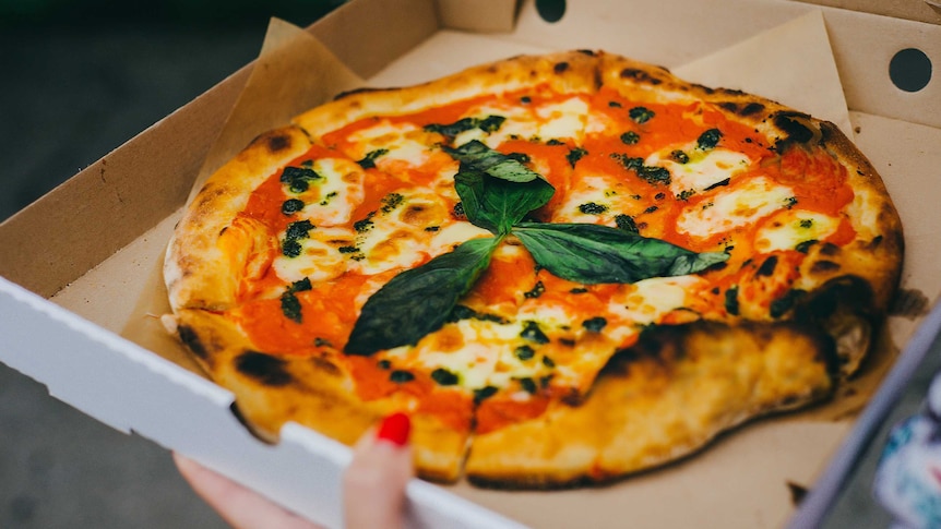 A pizza sits in a pizza box