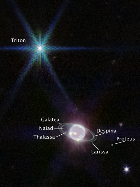 A labelled image of neptune and its rings, nect to Triton with the black galaxy in the background.