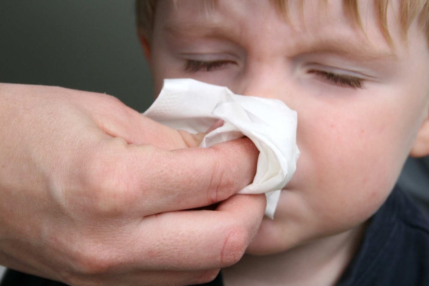 A parent helps a small boy blow his nose.