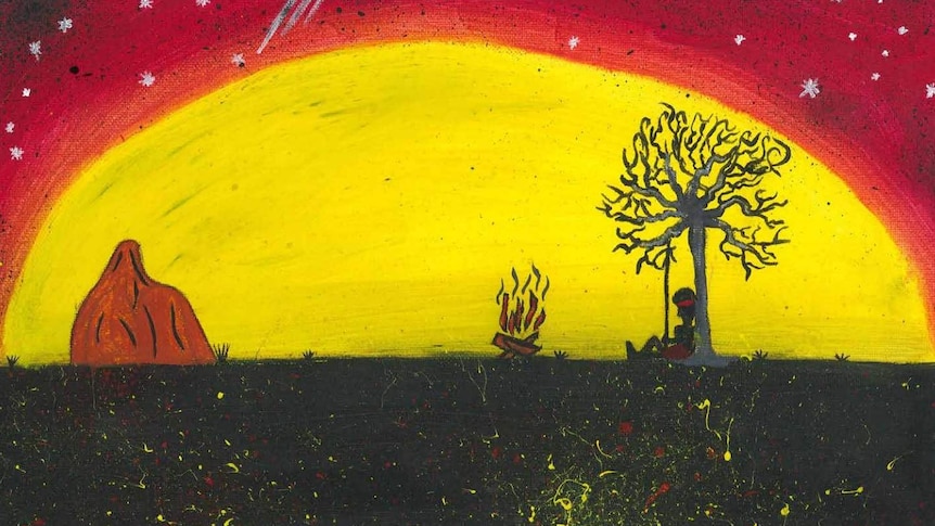 A painting of an Aboriginal person sitting by a fire under a tree.