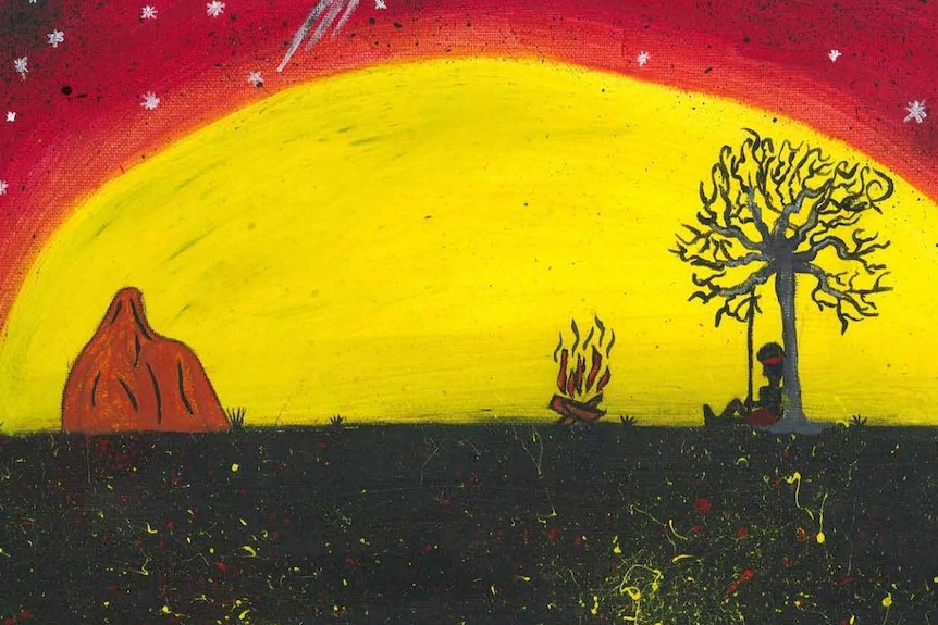 A painting of an Aboriginal person sitting by a fire under a tree.