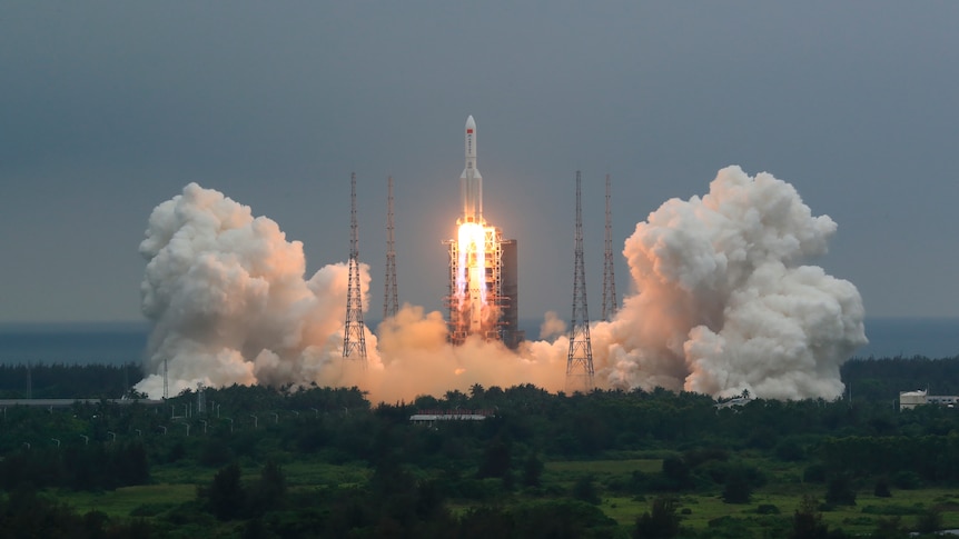 The Long March 5B rocket carrying a module for a Chinese space station takes off.