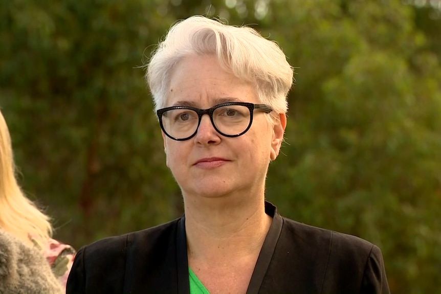 a woman wearing glasses standing outdoors at a press conference talking to the media