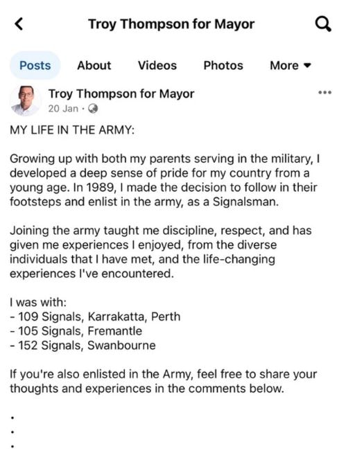 A screen shot of a Facebook post by Troy Thompson for Mayor.