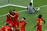 Belgium players celebrate a Romelu Lukaku goal