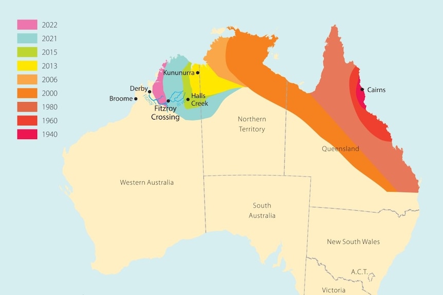 A DBCA map showing the cane toad front line (2022). 