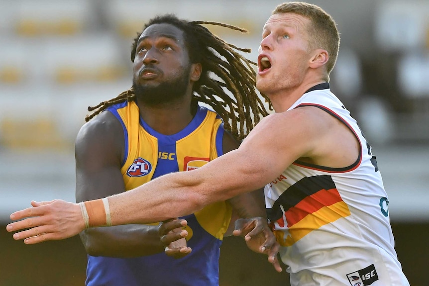 Nic Naitanui and Reilly O'Brien lock up and look up at a ball (out of picture)