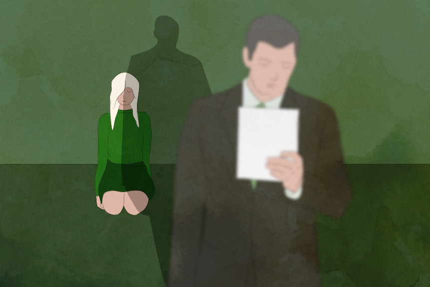 An illustration of a girl kneeling in a green room behind a man holding a piece of paper.