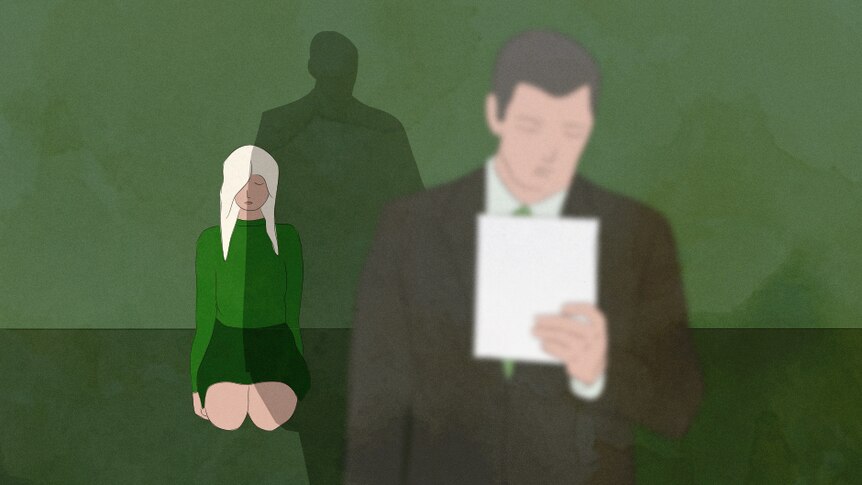 An illustration of a girl kneeling in a green room behind a man holding a piece of paper.