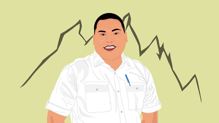 An illustration of a Malaysian man in a white T-shirt against the outline of a mountain.