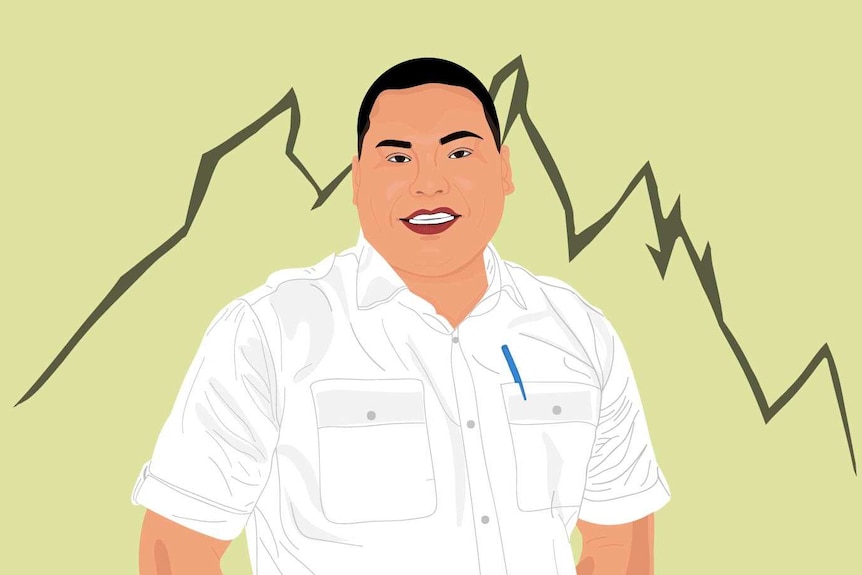 An illustration of a Malaysian man in a white T-shirt against the outline of a mountain.