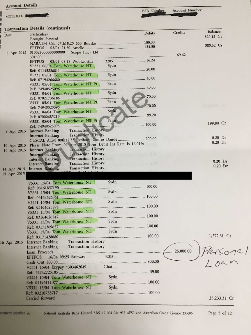 Mitchell Spiteri's bank statement shows his gambling debits.