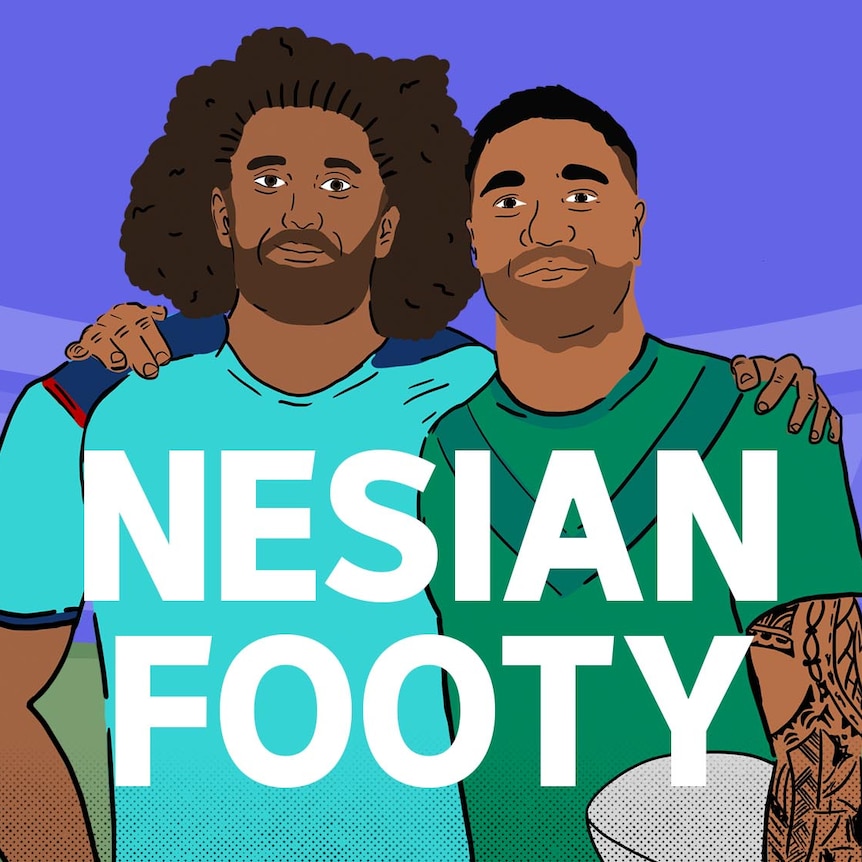 An illustration of Sam Wykes and Tinirau Arona standing with their arms over each others' shoulders. Text reads: Nesian Footy.