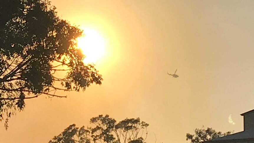 A firefighting helicopter hovers over the Kings Park bushfire in front of the rising sun.