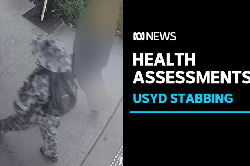 Health Assessments, USyd Stabbing: CCTV vision of a person walking, while wearing camouflage.